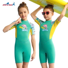 Bộ bơi giữ nhiệt trẻ em cộc tay liền thân xanh hình cá vải dày 2.5mm, Dive&Sail
