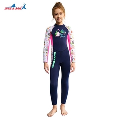 Bộ bơi Giữ Nhiệt bé gái dài tay dáng liền thân màu xanh than tay trắng chất vải 1.5mm Dive& Sail