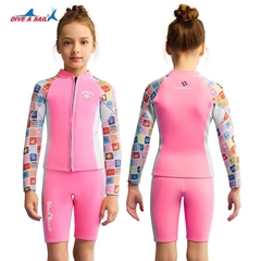 Bộ bơi Giữ Nhiệt bé gái tay dài dáng rời màu hồng áo khoá kéo chất vải 1.5mm Dive& Sail