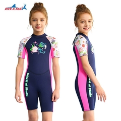Bộ bơi Giữ Nhiệt bé gái tay ngắn dáng liền màu xanh than hồng chất vải 1.5mm Dive& Sail