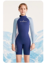 Bộ bơi giữ nhiệt bé gái, liền dài tay, xanh than tay xám, vải dày 2.5mm, Dive & Sail