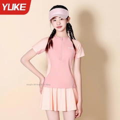 Bộ bơi cộc tay chống nắng, kháng Clo, hồng chân váy rời Yuke, UPF 50+