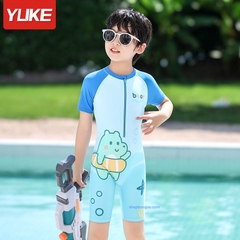 Bộ bơi bé trai cộc xanh khủng long, vải chống nắng Yuke