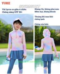 Bộ bơi bé gái dài tay chống nắng UPF 50+, kháng Clo, hồng xanh, mẫu mới kèm mũ Yuke