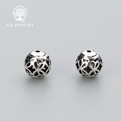 Charm bạc hình cầu họa tiết hoa văn xỏ ngang 8mm