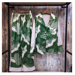 Bộ ngủ lụa satin con cò xanh lá