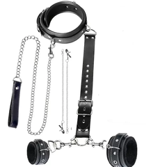 Bộ BDSM da cao cấp vòng cổ dây xích còng tay và kẹp ngực