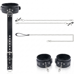 Bộ BDSM da cao cấp vòng cổ dây xích còng tay và kẹp ngực