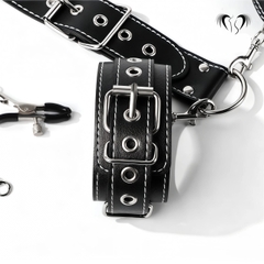 Bộ BDSM da cao cấp vòng cổ dây xích còng tay và kẹp ngực