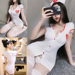 Váy ngủ Cosplay y tá cộc tay có khuy cài
