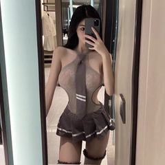 Váy ngủ Cosplay bó sát học sinh xám cà vạt
