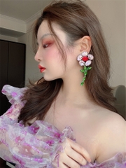 Khuyên tai hoa 5 cánh ngọc trắng đỏ