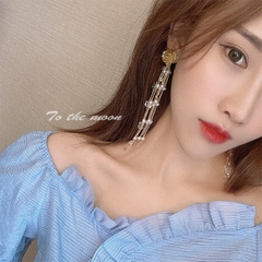 Khuyên tai bông hoa dài đính ngọc trai