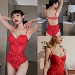 Bodysuit 2 dây Quảng Châu đỏ họa tiết lá có cúp ngực