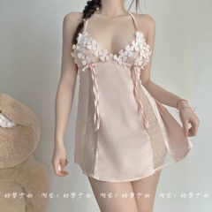 Váy ngủ lụa ngực ren hoa xuyên thấu hồng xanh