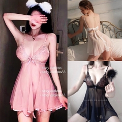 Váy ngủ ren buộc dây lưng ngực nơ kinh điển