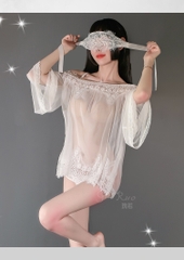 Váy ngủ xuyên thấu dài tay trễ vai