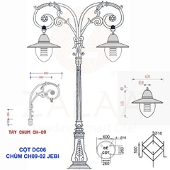 Cột đèn trang trí khuôn viên sân vườn, biệt thự cao 4.5m mẫu DC06 tay đèn hoa văn 2 nhánh HD09 chùm CH09-2, mã số ZCV-3303 zalaa
