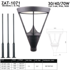Trụ Đèn Sân Vườn Zalaa ZAT-1071 40W H3.2M-4M | Vỏ nhôm sơn tĩnh điện, góc chiếu 120 độ˚, 3000k, 80-90Lm/W