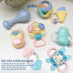 Bộ xúc xắc gặm nướu cao cấp 8 món Pikaboo, xúc xắc kết hợp silicone mềm cao cấp an toàn cho bé