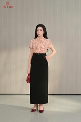 14087J65 - Áo cổ nơ lụa hồng chấm bi đỏ