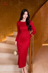 49132D96 - Đầm len đỏ, vai phối tà bong khoác rời