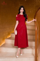 49126D95 - Đầm lụa đỏ in hình bướm chìm, vai xếp bong