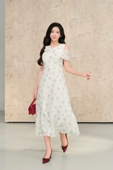 49069W95 - Đầm xòe tơ trắng in hoa