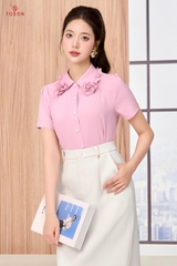 12042P96 - Áo lụa hồng cổ đức cuốn hoa