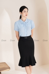 39001B62 - Chân váy đen gân hàn, cạp luồn khuyên trang trí..