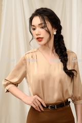 39011N52 - Chân váy nâu đuôi cá nhẹ, cạp phối khuyên nhỏ, trượt hàn.