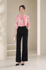 11053P96 - Áo tay lỡ cổ nơ kẻ, linen in họa tiết hồng