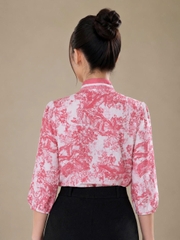 11053P96 - Áo tay lỡ cổ nơ kẻ, linen in họa tiết hồng