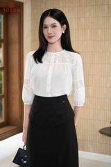 11166W96 - Áo thô lụa trắng dài tay phối hoa thêu