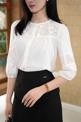 11166W96 - Áo thô lụa trắng dài tay phối hoa thêu