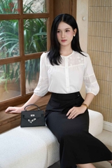 11166W96 - Áo thô lụa trắng dài tay phối hoa thêu
