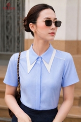 12026K96 - Áo thô xanh kẻ cổ đức, tay cộc, phối trắng