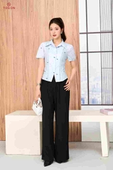 12118K96 - Áo sơ mi thô kẻ xanh, cổ đức, vạt chéo