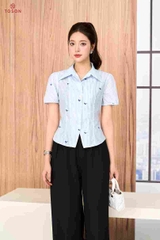 12118K96 - Áo sơ mi thô kẻ xanh, cổ đức, vạt chéo