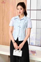12118K96 - Áo sơ mi thô kẻ xanh, cổ đức, vạt chéo