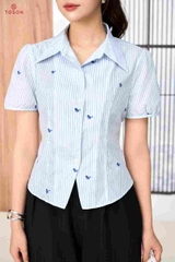 12118K96 - Áo sơ mi thô kẻ xanh, cổ đức, vạt chéo