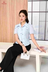 12118K96 - Áo sơ mi thô kẻ xanh, cổ đức, vạt chéo