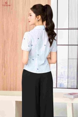 12118K96 - Áo sơ mi thô kẻ xanh, cổ đức, vạt chéo