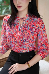 12128 - Áo silk họa tiết ngực bấu mí buộc nơ