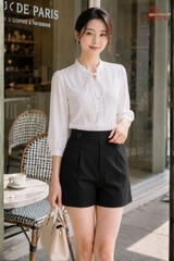 12128W66 - Áo tơ óng trắng tay lỡ, xếp mí buộc nơ