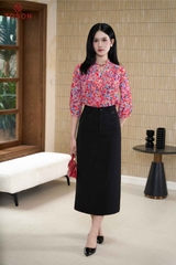 12128 - Áo silk họa tiết ngực bấu mí buộc nơ