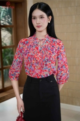 12128 - Áo silk họa tiết ngực bấu mí buộc nơ