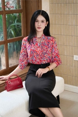 12128 - Áo silk họa tiết ngực bấu mí buộc nơ
