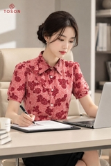 12199K96 - Áo cổ đức silk in hoa hồng