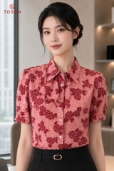 12199K96 - Áo cổ đức silk in hoa hồng